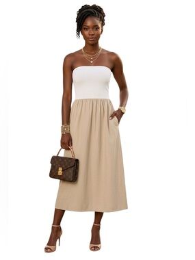 The Drop Women's Cream khaki Hellen Strapless Mixed Media Maxi Dress Medium